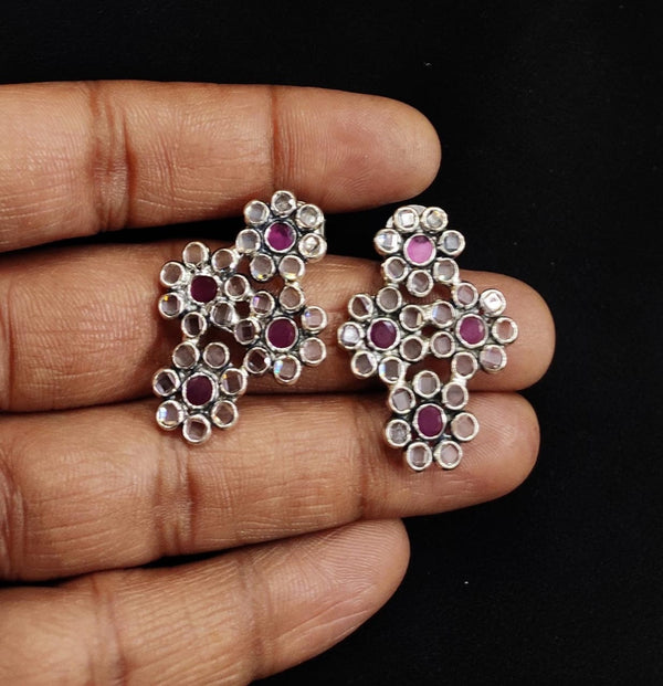 White and Pink Stone multi flower stud earrings