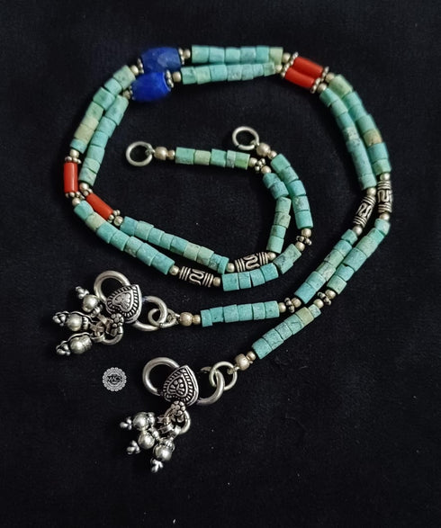 Turquoise-Coral-Lapis Bead Silver Anklet (pair)