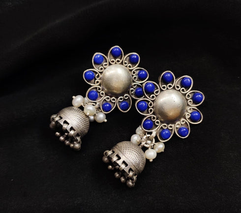 Silver Lapis Stone Jhumka