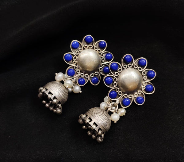 Silver Lapis Stone Jhumka