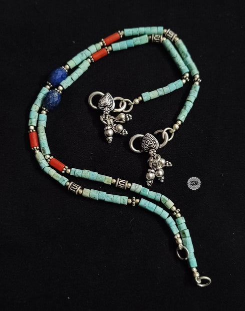 Turquoise-Coral-Lapis Bead Silver Anklet (pair)