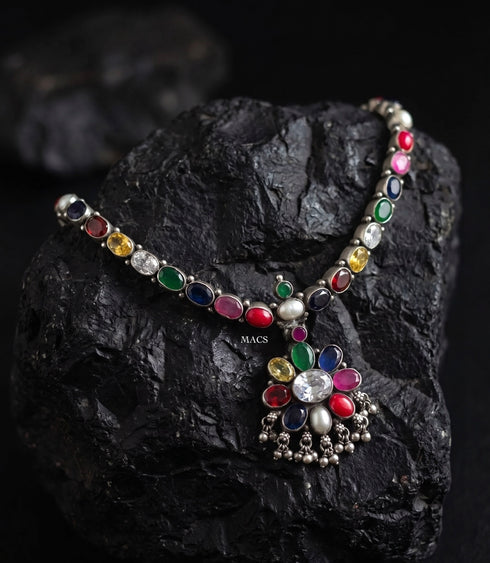 925 Navratna Addigai Silver Necklace Set (pre order)