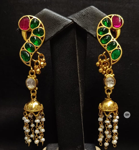 Green-Pink Kundan Peacock Pearl Jhumka