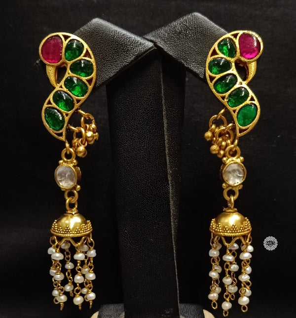 Green-Pink Kundan Peacock Pearl Jhumka