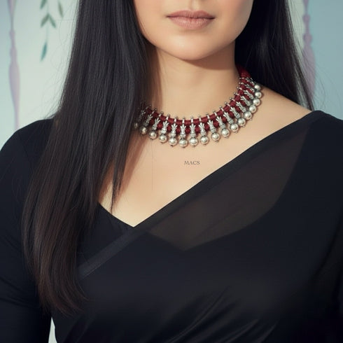Pure silver thread choker necklace in maroon thread