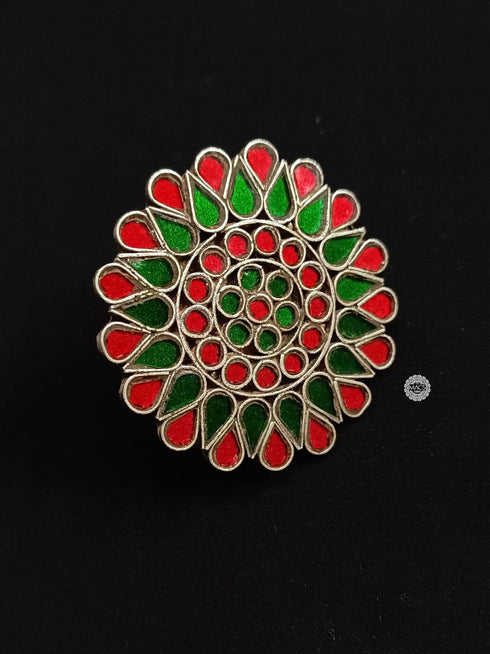 Red green glass ring, Cocktail big glass Ring, Large 925 sterling silver ring, Silver glass flower ring