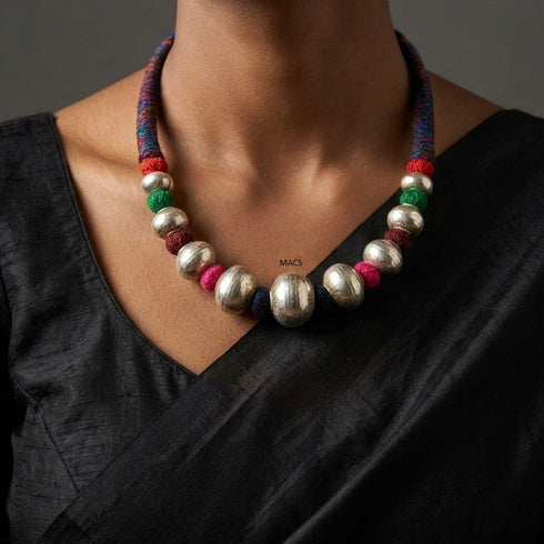 Wax Beads Silver Multi Color Necklace (oversized beads)