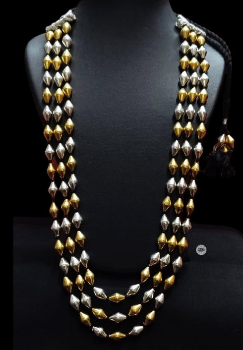 Three line dual tone dholki silver beads layered bormala necklace