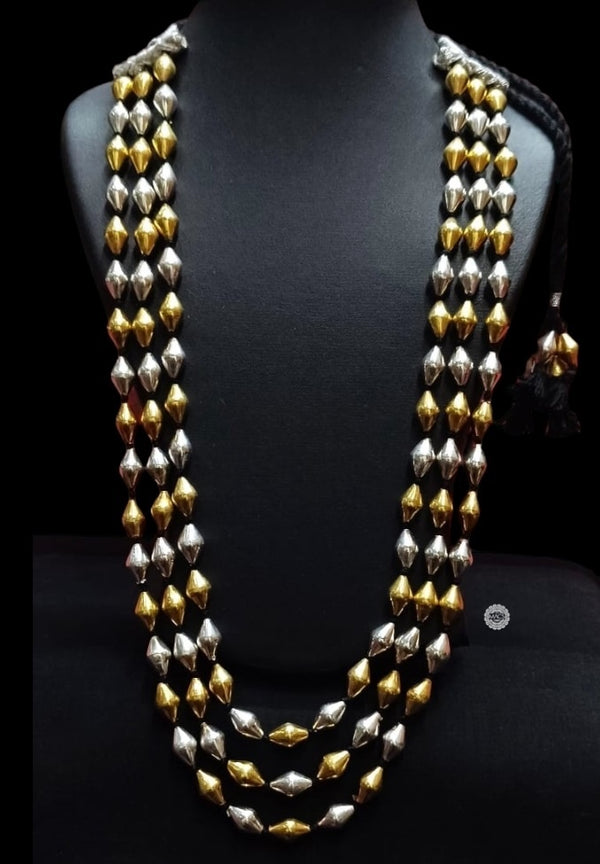 Three line dual tone dholki silver beads necklace, two tone pure silver dholki mala, bormala