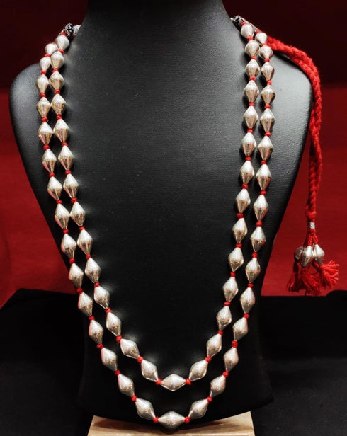 Two Line Dholki Beads Silver Necklace