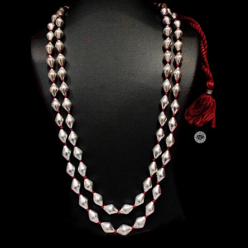 Two Line Dholki Beads Silver Necklace