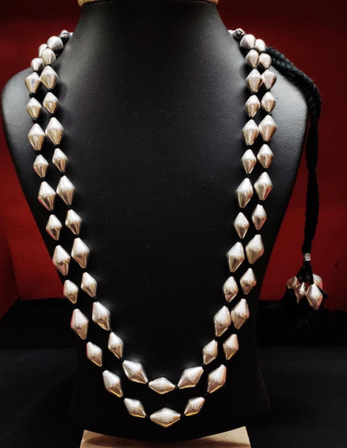 Two Line Dholki Beads Silver Necklace