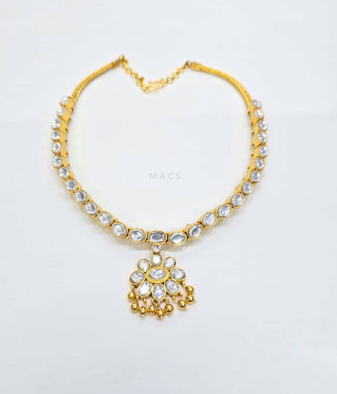 925 silver White Kundan addigai necklace, Gold plated Silver Attigai