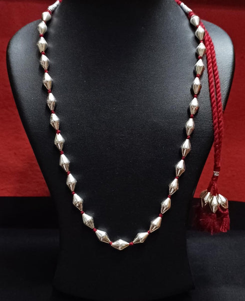 Single Line Dholki Beads Silver Necklace
