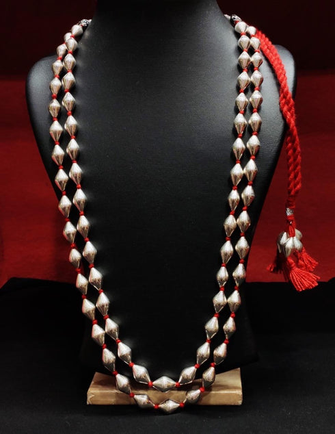 Two Line Dholki Beads Silver Necklace