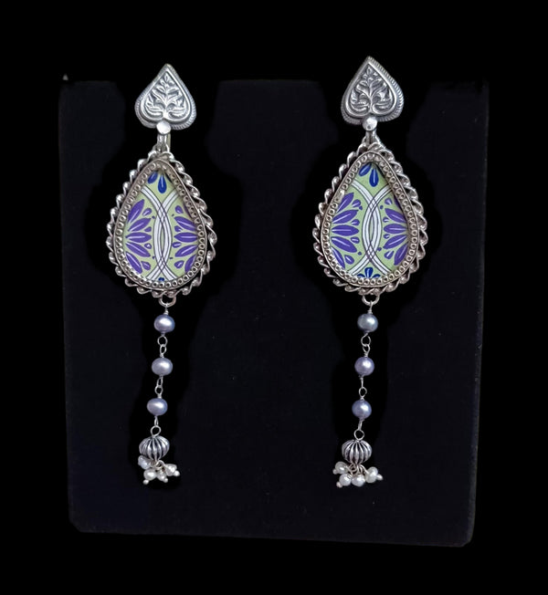 Handpainted silver earrings, Oxidised Glass Earrings, Blue hand painting earrings, Rang birangi earrings
