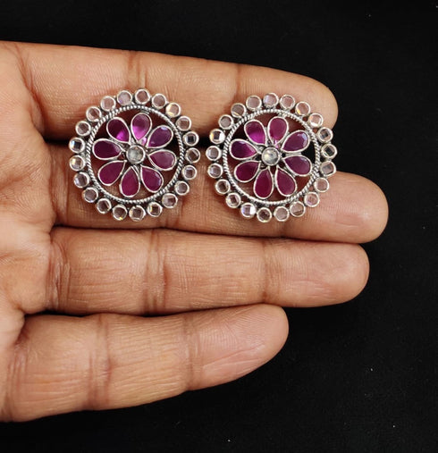 Pink White Floral Stud