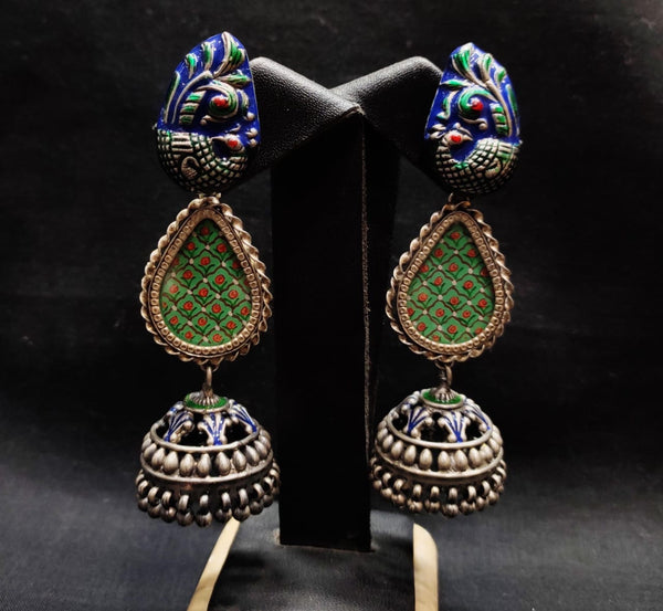 Peacock Painting Silver Jhumka