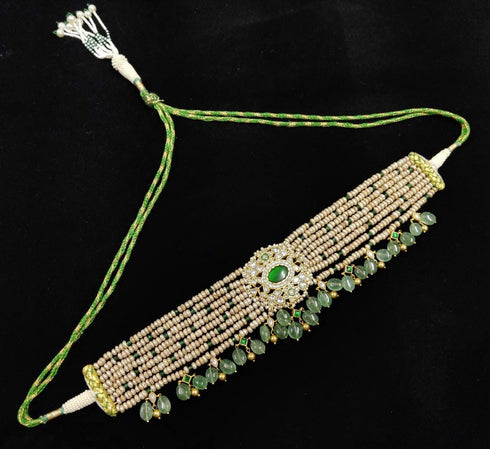 Jadau Kundan Layered Pearl Bridal Choker Necklace, Silver 925 Gold plated Kundan Necklace with white and green kundan stones, South Indian Jewels