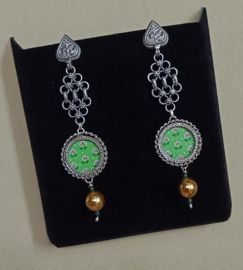 Green handpainted silver earrings