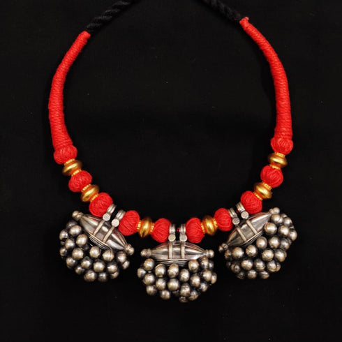 925 Silver Ghungaroo Amulet Pendant Necklace, Red thread choker