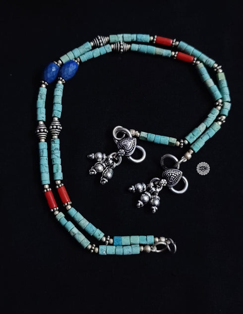 Turquoise-Coral-Lapis Bead Silver Anklet (pair)