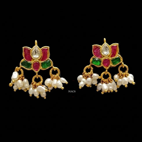 Kundan Gold Lotus Pearl Earrings