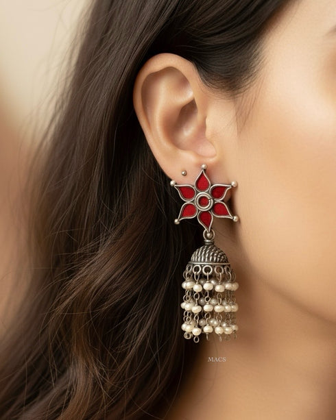 Red Glass Pearl Jhumka