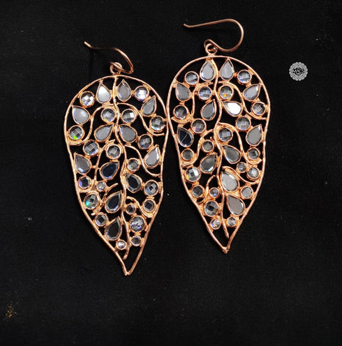Rose gold plated 925 silver leaf earrings with white stone