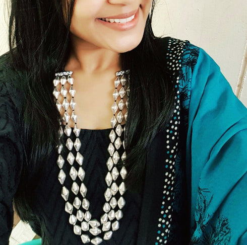 Three line dholki silver beads necklace, pure silver dholki mala, bormala