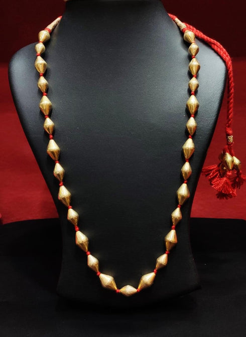 gold dholki beads necklace in red thread