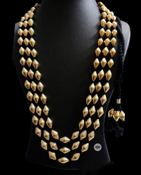 Handcrafted three line dholki mala gold beads necklace