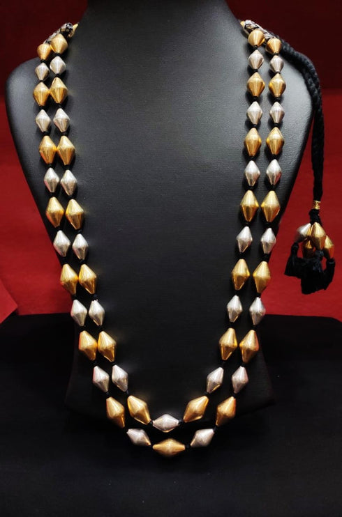 Dual tone dholki necklace, dholki two tone silver mala, 2 line dholki