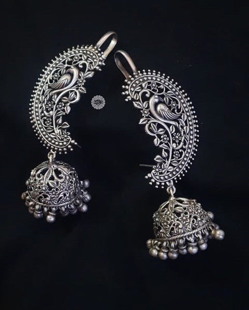 ear cuff jhumka, pure silver ear cuff earrings, vintage peacock silver jhumka, ear cuffs online