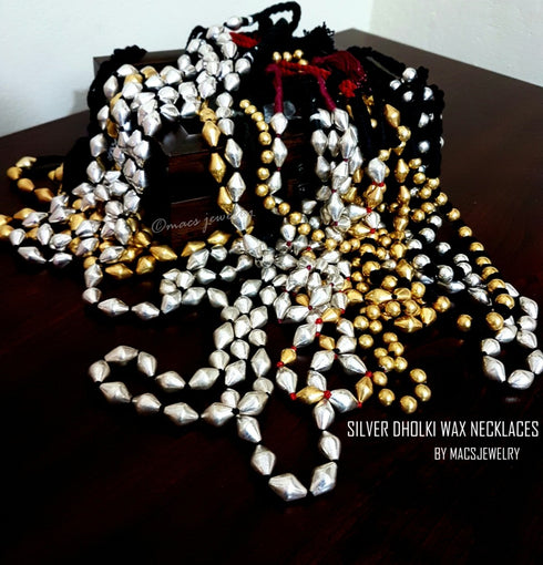 dholki layered silver necklace, silver dholki mala, gold dholki beads