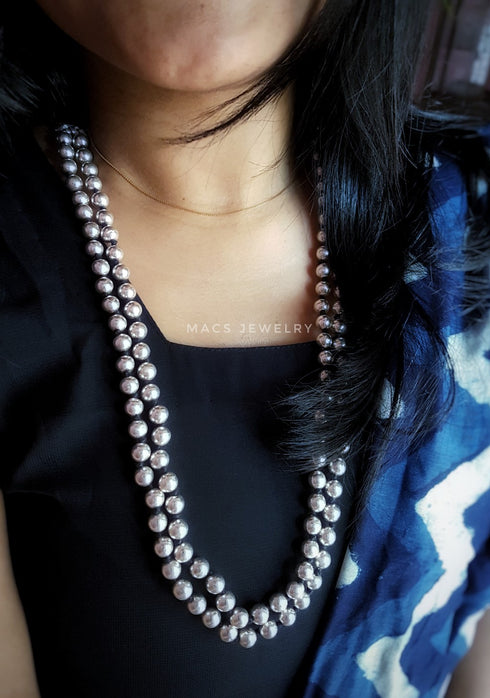 round silver dholki, round beads necklace, pure silver dholki mala