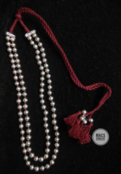 round silver dholki necklace in maroon thread