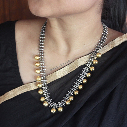 Dual tone jewellery, dual tone oxidised jewellery, dual tone necklace, two tone jewellery, silver ball necklace, ball necklace silver, gold ball necklace