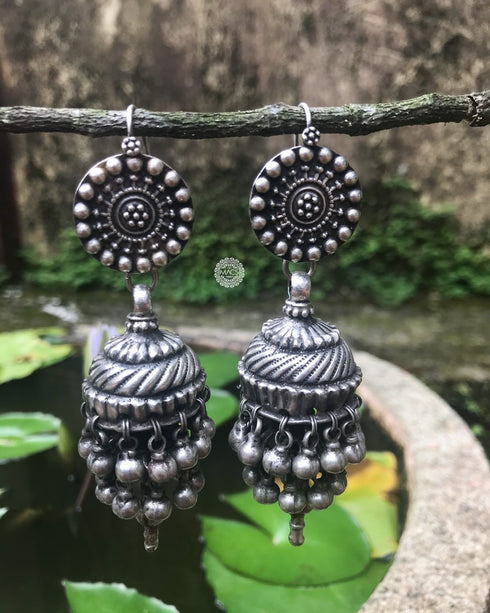 pure silver jhumka, jhumka modern silver earrings, big silver jhumkas, long jhumka oxidised earrings, big oxidised silver jhumkas