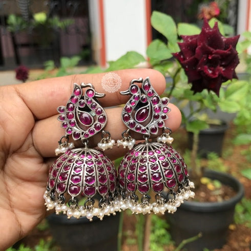 925 kempu stone peacock jhumka earrings