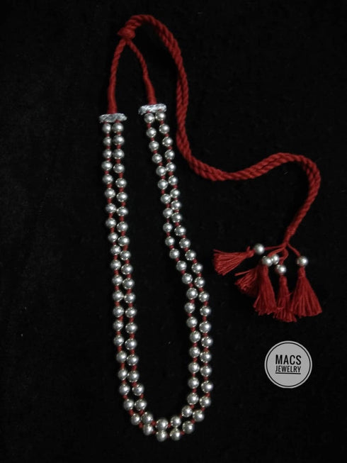 round silver dholki necklace in red thread