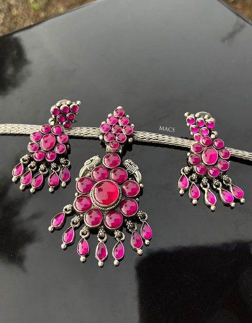 South Indian kemp choker set with earrings, 925 Silver Kemp stone necklace, Kemp attigai, Pink kemp pendant
