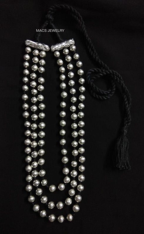 three line silver dholki necklace, round dholki , layered dholki mala
