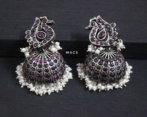 925 Silver ethnic temple jewellery pink Kemp jhumka earrings