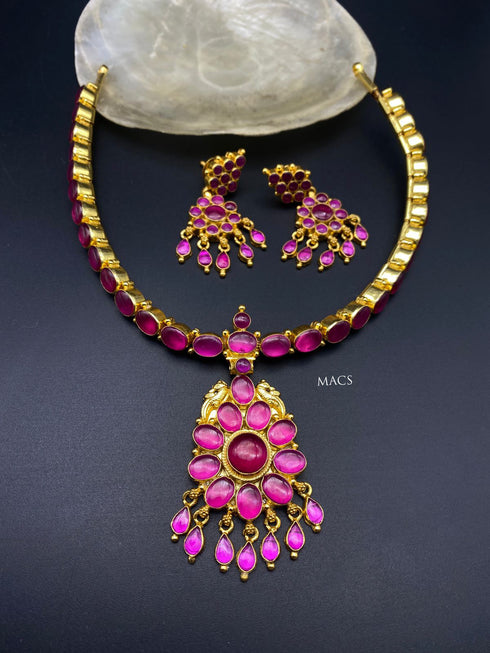 925 Silver Gold plated kemp attigai, addigai necklace, Pink kemp stone pendant, south indian kemp choker necklace set with earrings