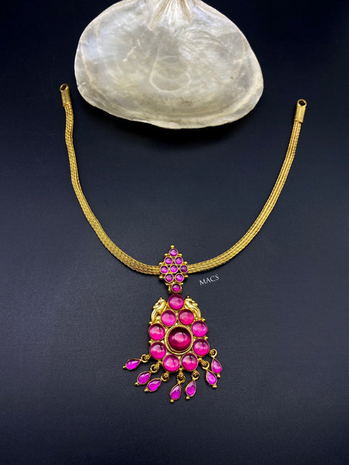 Kemp stone necklace gold, 925 Silver gold plated attigai, pink kemp pendant, south indian kemp choker