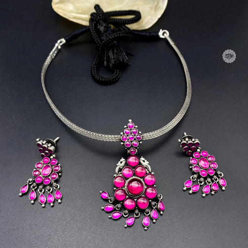 Pink kemp stone pendant chain necklace in 925 pure silver, South Indian Kemp Jewellery