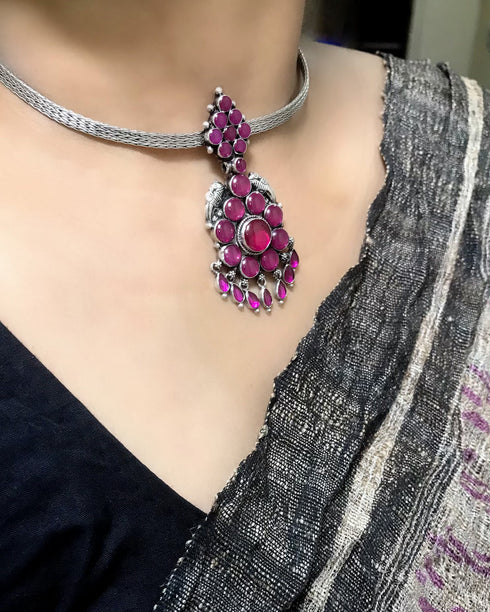 South Indian kemp choker, 925 Silver Kemp stone necklace, Kemp attigai, Pink kemp pendant