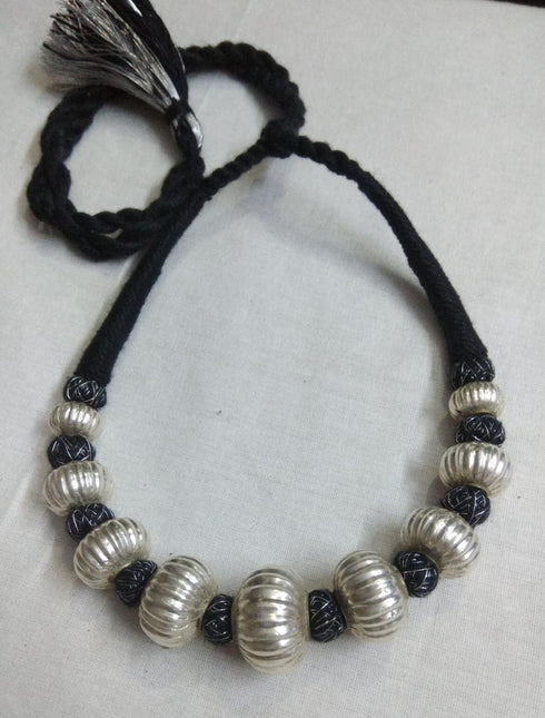 Wax Carved Beads Silver Necklace (oversized beads)