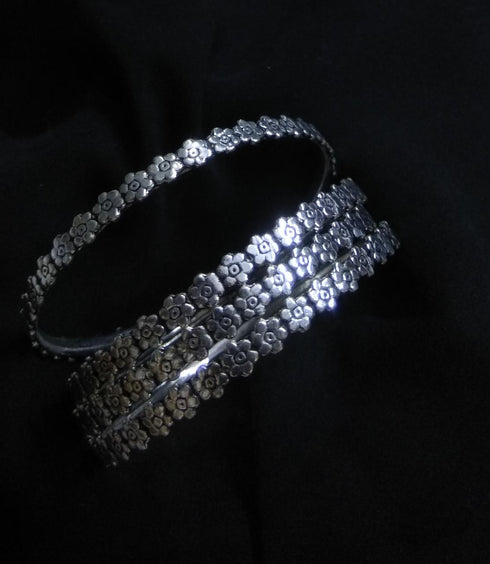 silver floral bangles, pure silver bangles, silver bangle set, flower bangles, 925 silver bangles